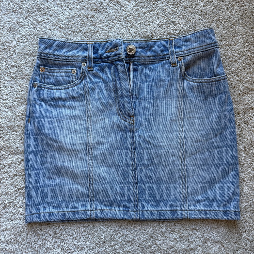 Versace Logo-Print Blue Mini Skirt